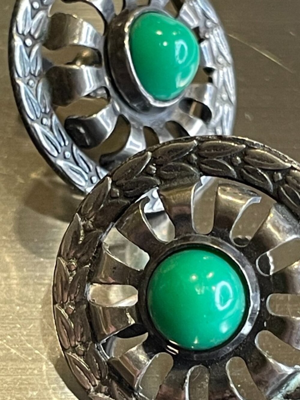 Vintage Mexico Silver Sunburst Earrings - Mid-Century Faux Green Onyx Screw Back